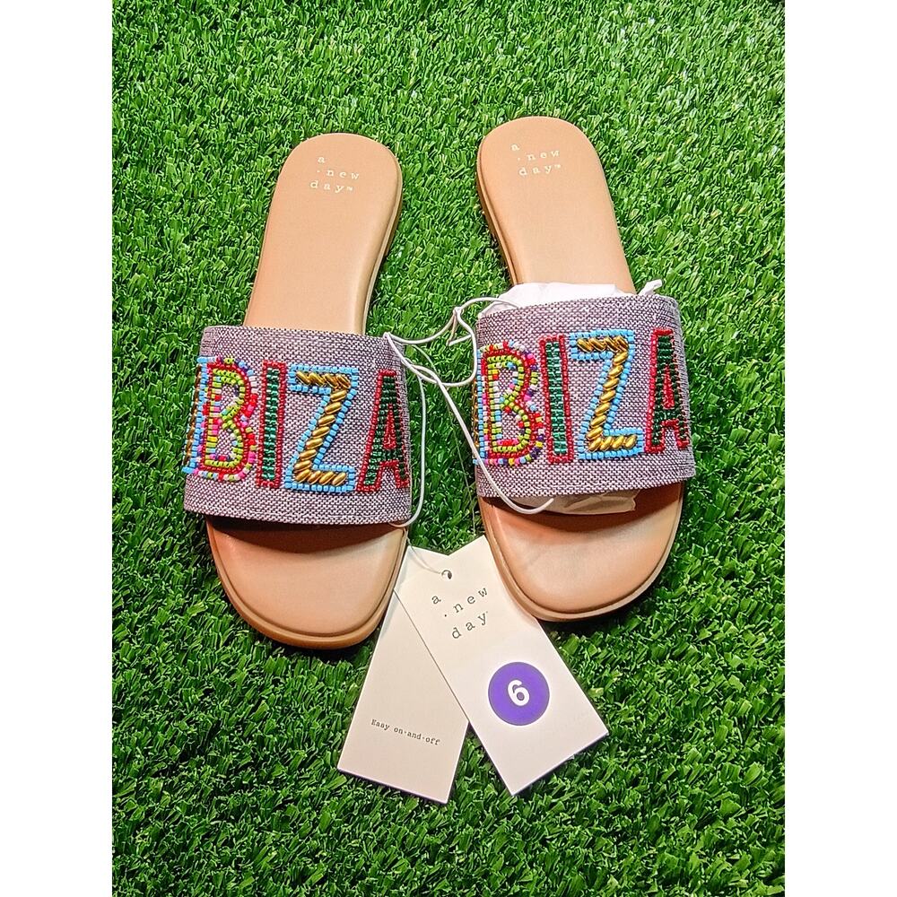 NWT A New Day Nehemia Beaded Canvas Slide Sandals Women's 6
